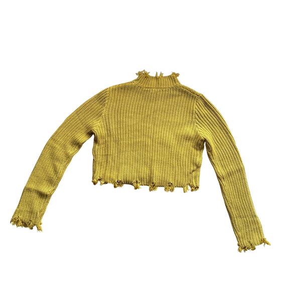 Mustard Yellow Chunky Knit Long Sleeve Frayed Hem Crop Sweater Size M Y2K - Picture 4 of 4